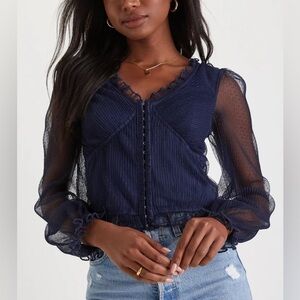 Lulus Navy Mesh Swiss Dot Corset Whimsigoth Dark Romantic Feminine Long Sleeve